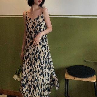 Spaghetti Strap Printed A-line Dress Black & White - One Size