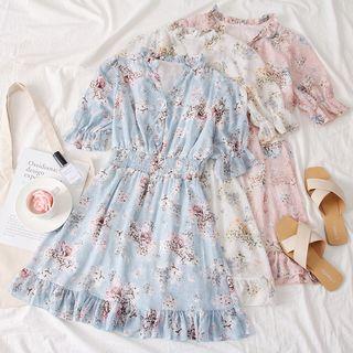 Ruffled-trim Floral V-neck Dress