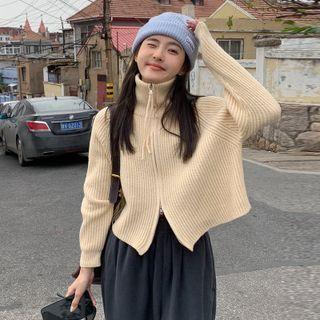 Plain Turtle-neck Double Zip Cropped Cardigan