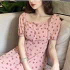 Dotted Square-neck Puff-sleeve Midi Dress Pink - One Size