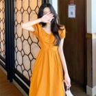 V Collar Short-sleeved Plain Puff-sleeved Dress