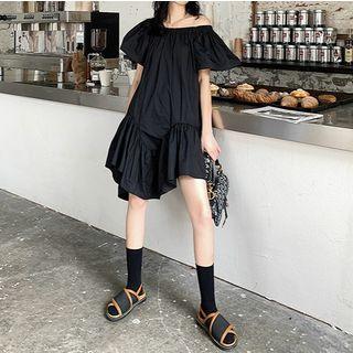 Puff-sleeve Asymmetrical Off-shoulder Dress Black - One Size