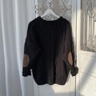 Elbow Applique Cable Knit Crewneck Sweater