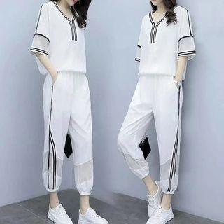 Short-sleeve Contrast Trim T-shirt / Cropped Sweatpants / Set