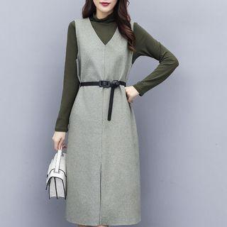 Set: Mock-turtleneck T-shirt + Belted Midi Pinafore Dress