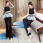 Set : Mesh Panel Sleeveless Top + Boot-cut Pants