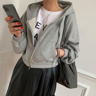 Kangaroo-pocket Short Zip Hoodie Gray - One Size