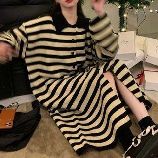 Long-sleeve Striped Knit Dress Stripe - Black & Beige - One Size