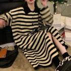 Long-sleeve Striped Knit Dress Stripe - Black & Beige - One Size