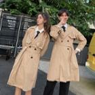 Couple Matching Embroidered Double-breasted Long Trench Coat / Plain Shirt / Contrast Stitching Mini Skirt / Cropped Harem Pants