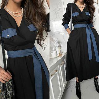 V-neck Denim-trim Maxi Dress With Sash