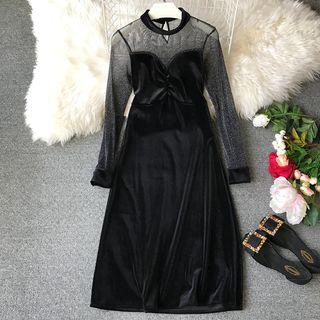 Mock Two-piece Long-sleeve Velvet A-line Midi Dress