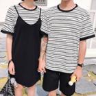 Couple Matching Short-sleeve Striped T-shirt / Shorts / Strappy Dress