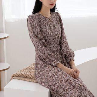 Balloon-sleeve Flared Long Floral Dress Brown - One Size