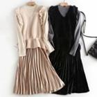 Set: Ruffle Vest + Long-sleeve Pleated Dress