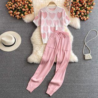 Set: Short Sleeve Heart Print Knit Top + Pants