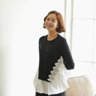 Lace-trim Contrast-panel Shirred Knit Top