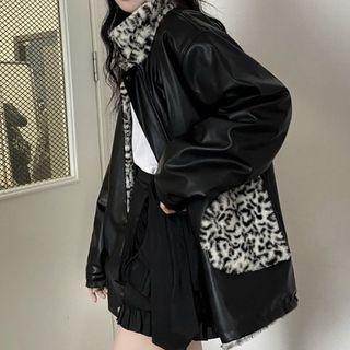 Leopard Print Panel Faux Leather Jacket