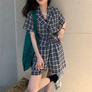 Set: Short-sleeve Plaid Shirt + Wide-leg Shorts Plaid - Navy Blue - One Size