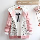 Cat Print Hooded Zip Jacket/ Bow Accent Long-sleeve Blouse/ Set