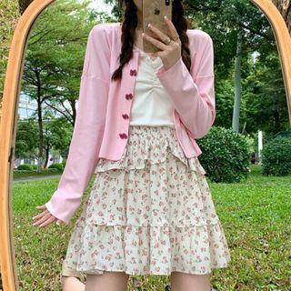 Long-sleeve Button-up T-shirt / Lace Trim Camisole Top / Flower Print Mini A-line Skirt / Spaghetti Strap Mini A-line Dress