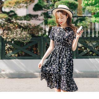 Ruffled Hem Floral Buttoned A-line Dress