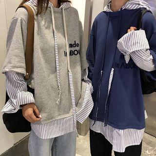 Mock Two-piece Lettering Stripe Hoodie