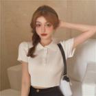 Polo-neck Short-sleeve Cropped Rib Knit Top White - One Size