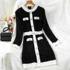 Contrast Trim Mini A-line Knit Dress Black - One Size