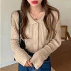 Long-sleeve Polo-neck Cable Knit Button-up Sweater Cardigan