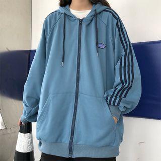 Striped Applique Hooded Zip Jacket