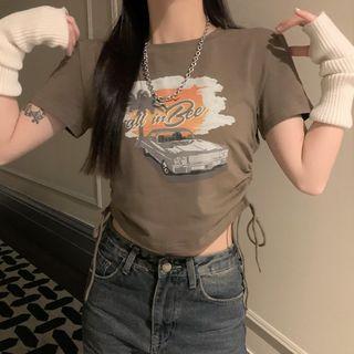 Short-sleeve Print Drawstring Design Cropped Top