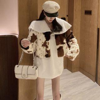 Wide Collar Oversized Sweater / Printed Furry Jacket