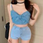 Bow Cropped Denim Camisole Top Blue - One Size