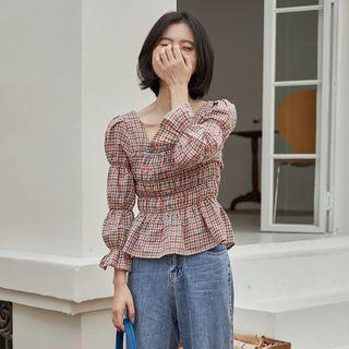 Bell-sleeve Plaid Shirred Square Neck Blouse