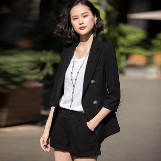 Set: 3/4-sleeve Double-breasted Blazer + Shorts