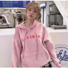 Long-sleeve Letter Embroidered Hoodie Pink - One Size