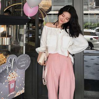 Long-sleeve Cold-shoulder Pocketed Top