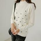 Mock-neck Bow-embroidered Knit Top