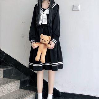 Long-sleeve Sailor Collar Ribbon A-line Dress With Bow - Black - One Size