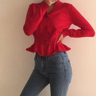 Plain V-neck Cardigan Red - One Size