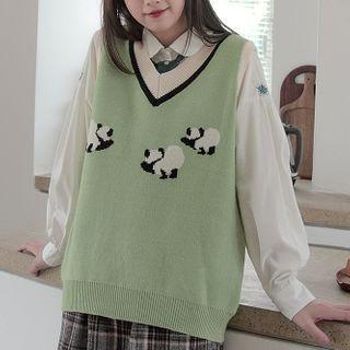 Panda Print Sweater Vest / Bow Detail Shirt / Set