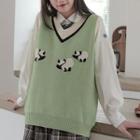 Panda Print Sweater Vest / Bow Detail Shirt / Set