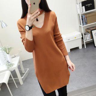 Long-sleeve V-neck Slit-side Long Cardigan