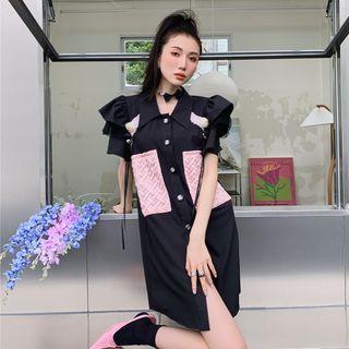 Short-sleeve Ruffled Button-up Mini Dress