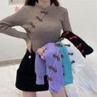 Long-sleeve Frog-button Slim-fit Knit Top