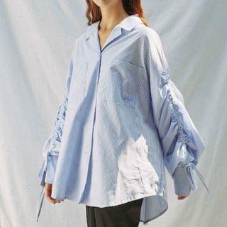 Long-sleeve Drawstring Striped Shirt