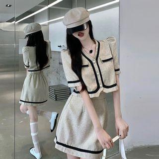 Set: Puff-sleeve Contrast Trim Button-up Top + Mini A-line Skirt