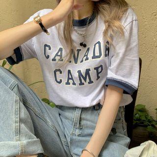 Short-sleeve Lettering T-shirt Gray & Blue - One Size