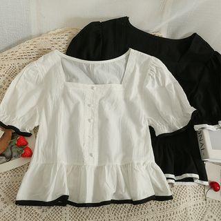Contrasted Square-neck Cropped Peplum Top